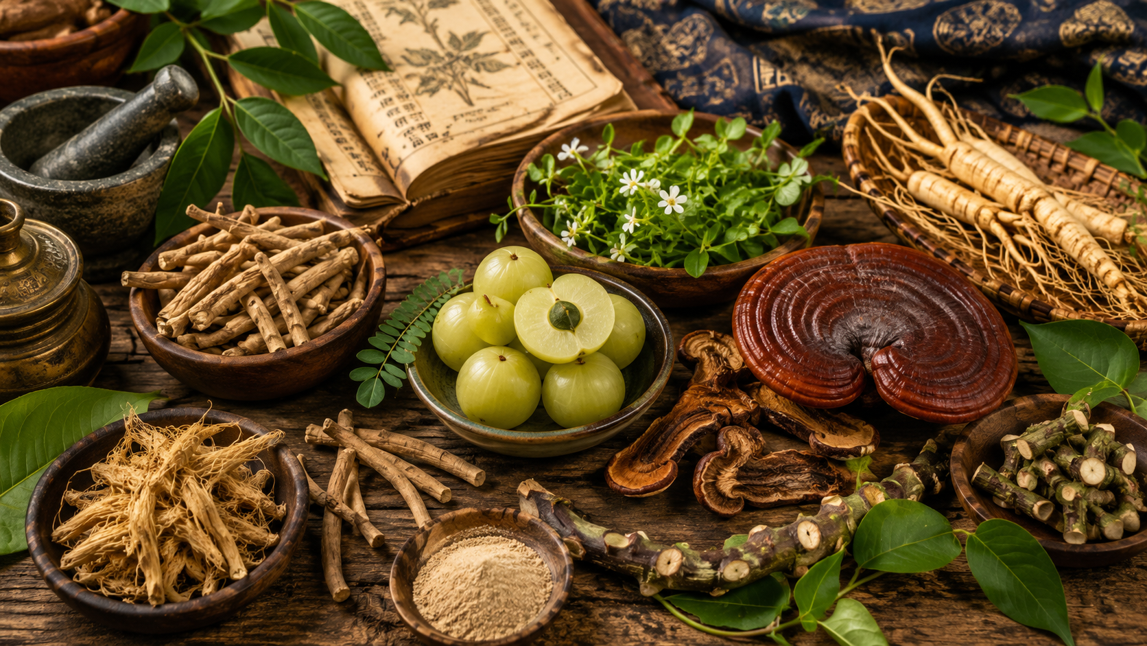 Selección de plantas tradicionales utilizadas durante generaciones en distintas culturas como Ayurveda, Medicina Tradicional China y tradiciones amazónicas