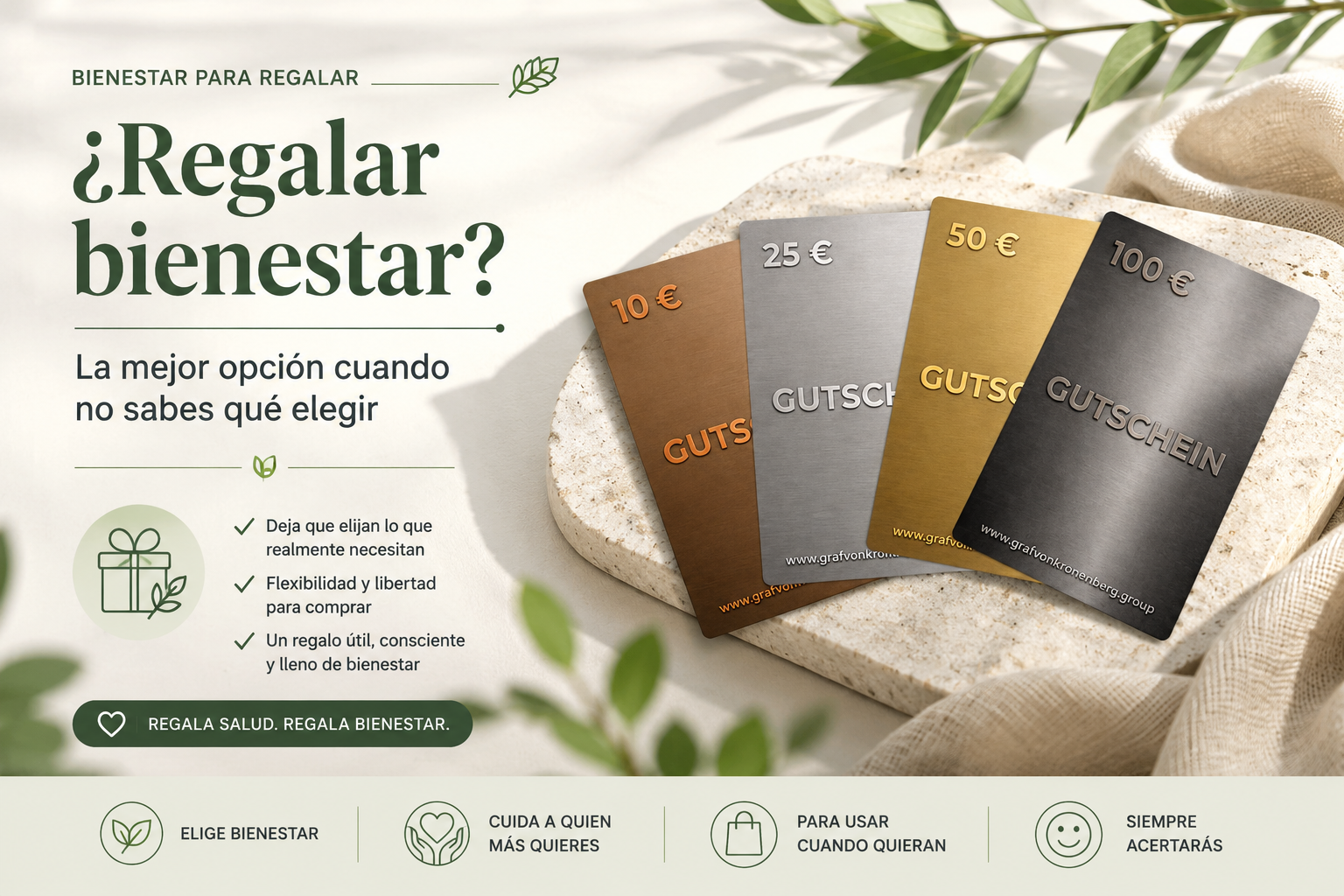 Tarjetas regalo de Graf von Kronenberg Group para regalar bienestar y permitir que cada persona elija el producto que mejor se adapte a sus necesidades.