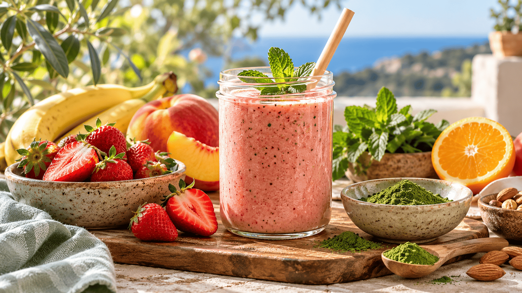 Batido de fresas, melocotón, plátano y moringa rodeado de frutas frescas y frutos secos sobre una mesa con vistas al mar.