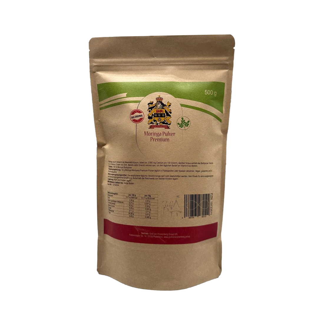 Moringa en polvo prémium 500 g | Graf von Kronenberg Moringa en polvo prémium de Graf von Kronenberg, envase de 500 g.