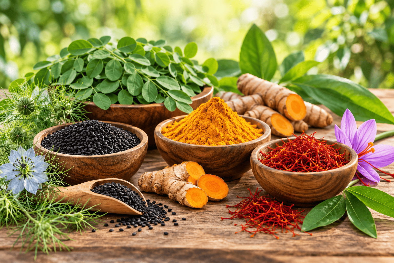 Ingredientes botánicos para suplementación natural: moringa, cúrcuma, comino negro y azafrán.
