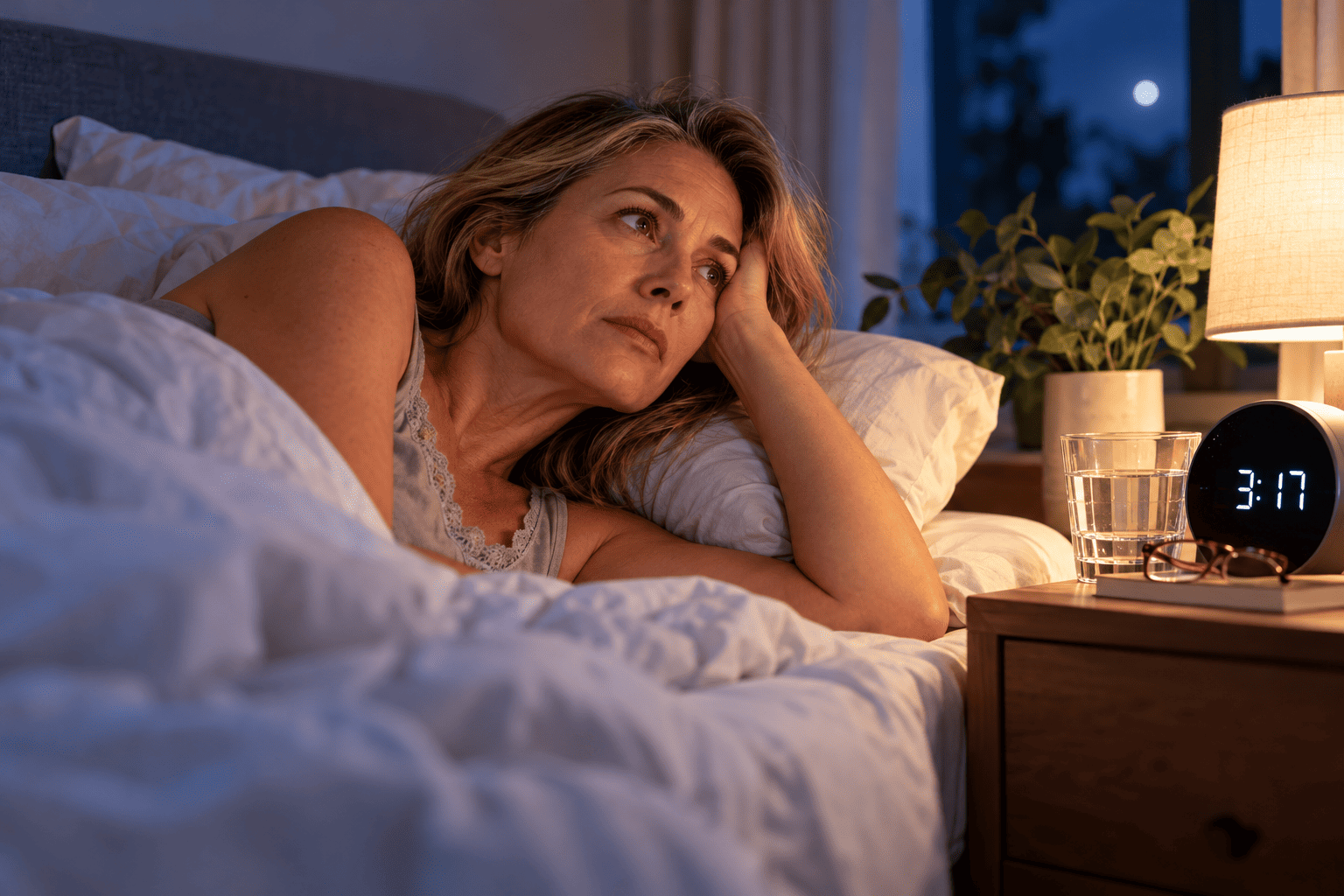 Mujer de mediana edad despierta en la cama a las 3:17 de la madrugada, con dificultades para dormir durante la menopausia.